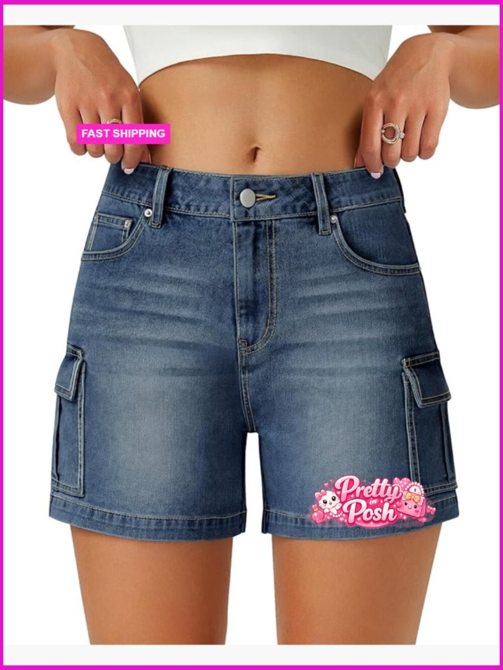 High Waisted Microelastic Straight Leg Cargo Denim Shorts